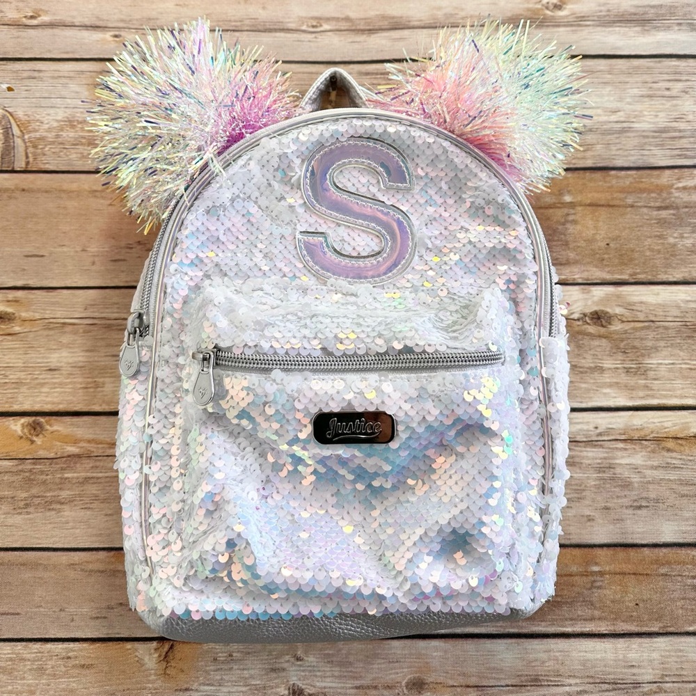 Justice “S” Initial Sequin Pom Pom Small Backpack